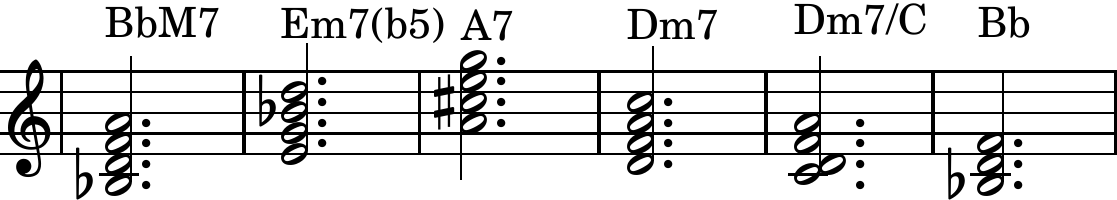 B flat major 7 - E minor 7 flat 5 - A 7 - D minor 7 - D minor 7 over C - B flat major