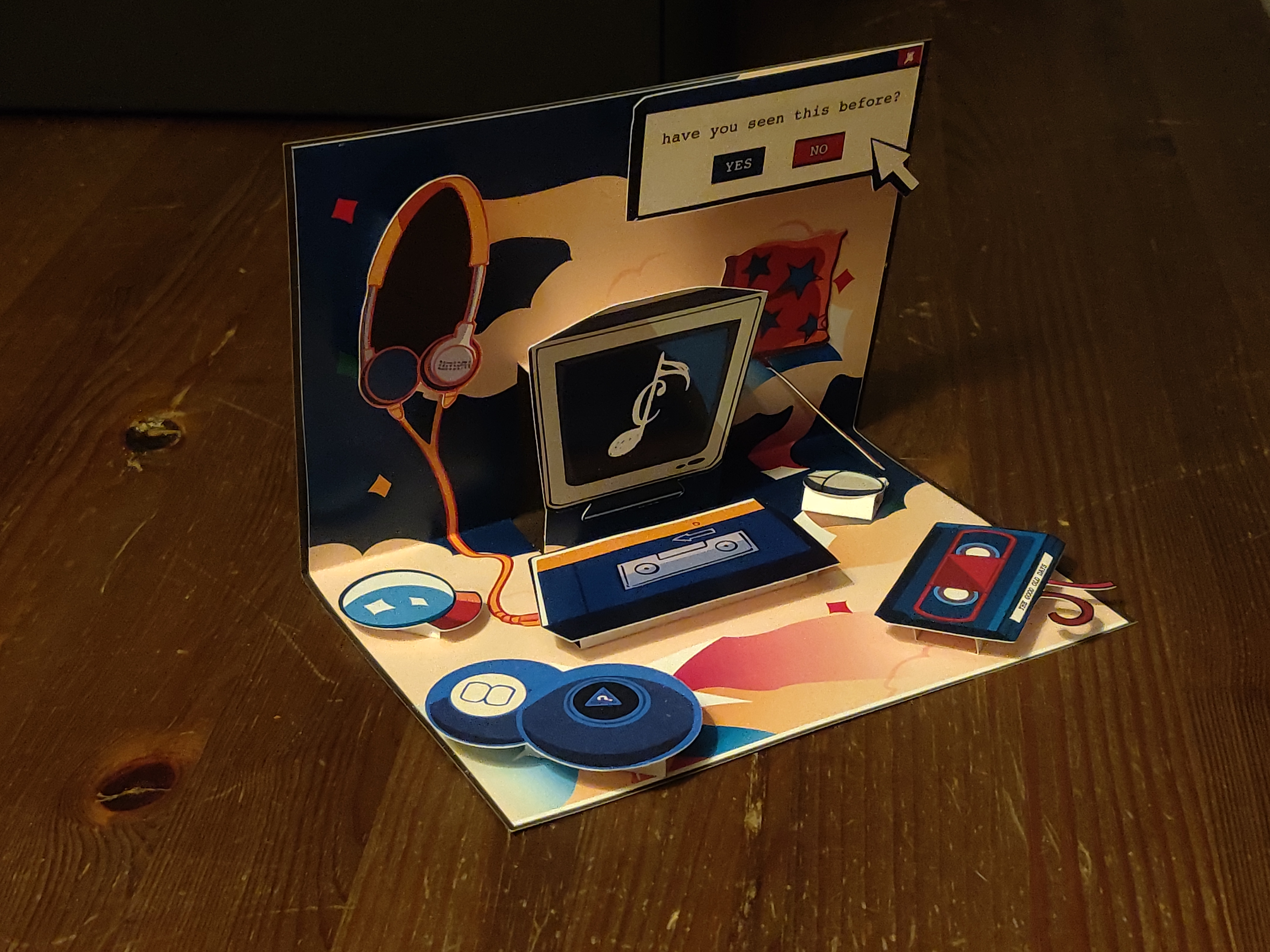 A popup card containing items reminiscent of the 1980s and 1990s